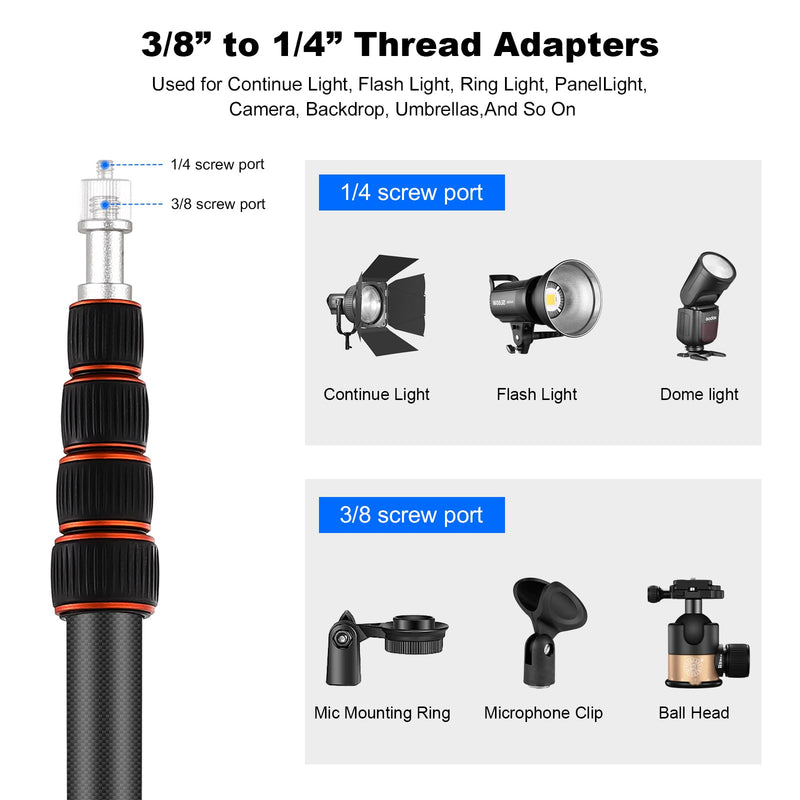 Soonpho Portable Light Stand Adjustable 7ft Carbon Fiber Lighting Tripod Stand with 180° Reversible Leg Tripod Light Photography Maximum Height of 86.5”/220cm for Flash Softboxes Camera SL-255C