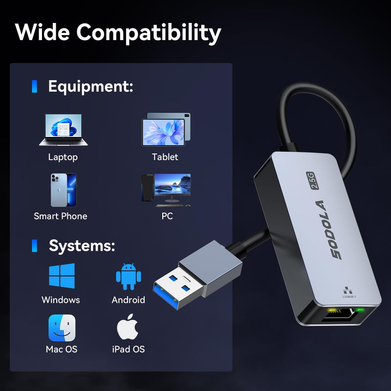 Sodola USB to Ethernet Adapter 2.5Gb, Ethernet Adapter for Laptop, Aluminum, USB 3.0 to RJ45 Network Internet LAN Adapter, Compatible for NAS,Laptop,Tablet, PC Unter Windows 11/10/8, macOS USW SL-2.5GU