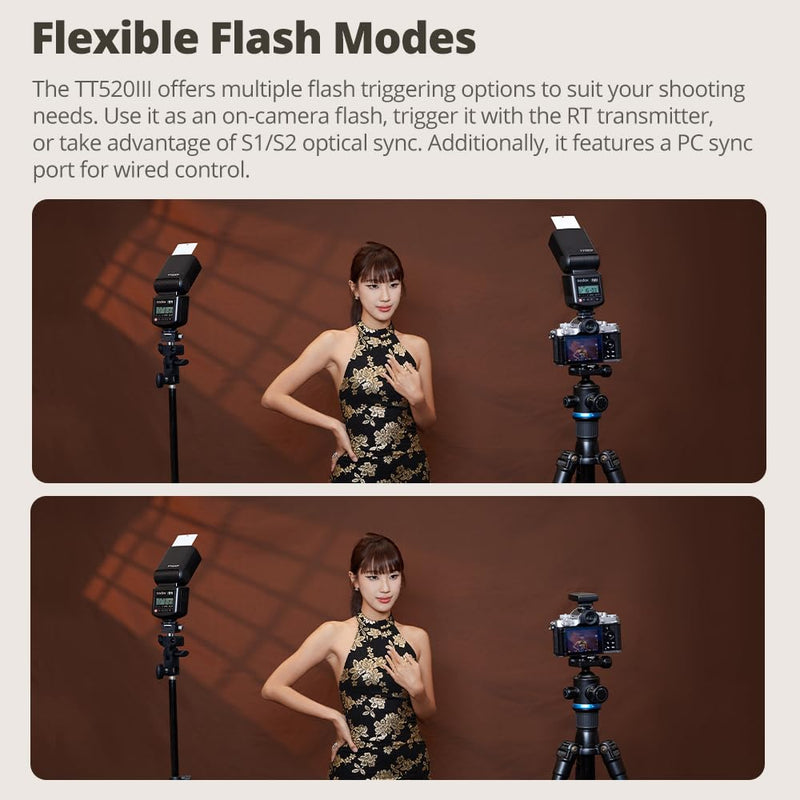 GODOX TT520III Universal Camera Flash Speedlite(TT520II Upgraded) | Built-in Receiver and RT Transmitter,S1/S2 Modes,8 Power Levels,Compatible with Canon Nikon Olympus Fujifilm Panasonic