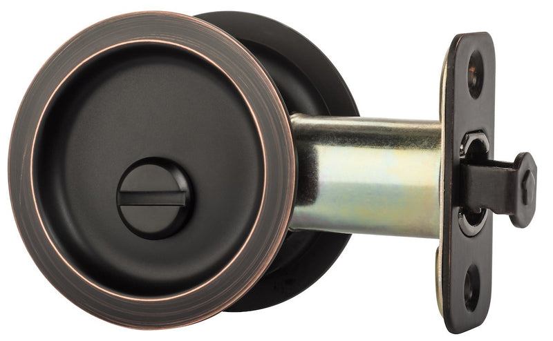Dynasty Hardware Pocket Door Latch, Round Sliding Handle for Bathroom or Bedroom, Locking Passage Pull, Easy Install Pocket Door Hardware, Aged Oil Rubbed Bronze Finish, 2-3/8" Backset, Universal Fit