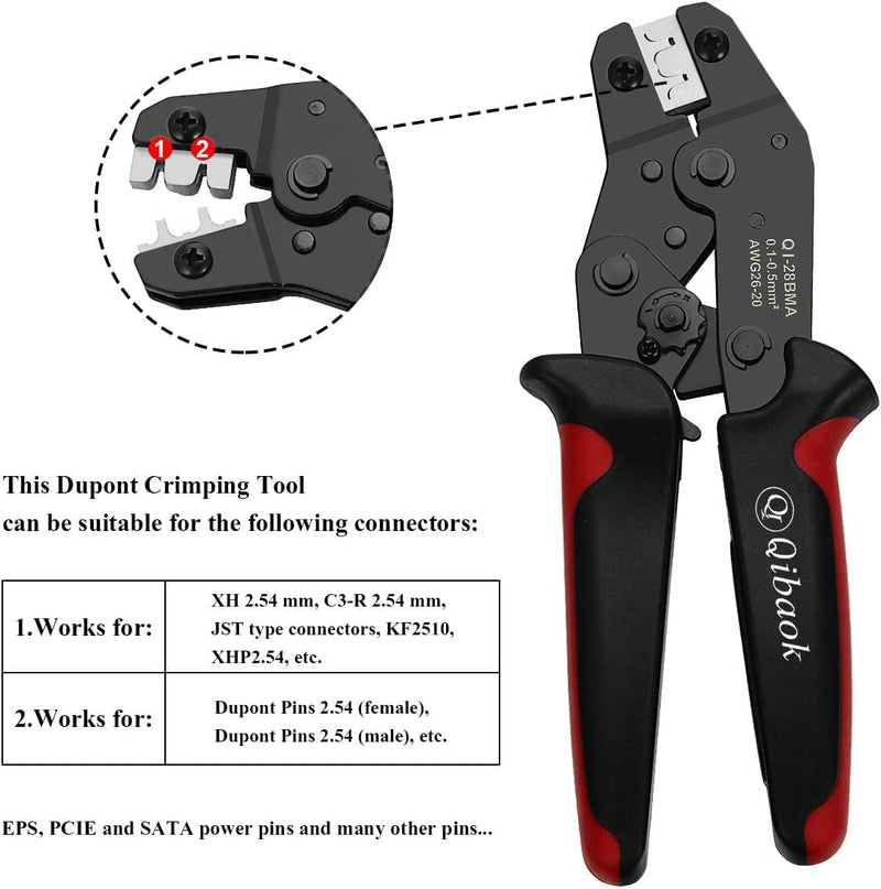 Qibaok Crimping Tool Kit Ratcheting Crimper with 1550PCS 2.54mm Dupont Connectors and 760pcs 2.54mm JST-XH Connectors for AWG 26-20(0.1-0.5mm²)