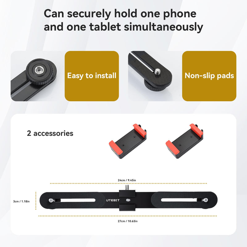 UTEBIT Dual Holder Smartphone and Tablet Tripod Mount Adapter 360° Rotating Ball Head Adjustable Clip Stand Double Phone and Tablet Stand with 1/4'' Screws for Vlogging Video Recording Live Streaming