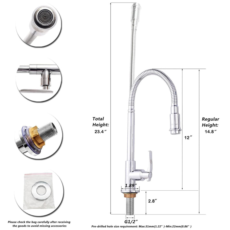 Inchant Outdoor Kitchen Sink Faucet - 360° Rotatable Single Hole Single Handle Cold Water Kitchen Faucet Flexible Neck Laundry Room Tap Bar Garden Outdoor Faucet, Deck Mount Chrome Finish