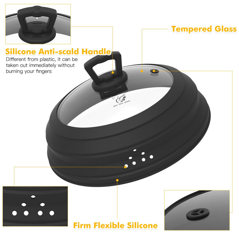 Microwave Splatter Cover Vented Glass Splatter Guard Lid with Collapsible Silicone for Food as Pot Cover Plate 10.8 inch for 6 7 8 9 10 inch Plate Bowl Black