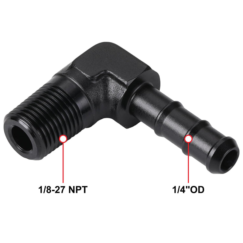1/8 NPT Male to 1/4 Hose Barb Fitting Adapter 90 Degree Aluminum Black 1/8 NPT to 1/4 Barb Black - 90 Degree