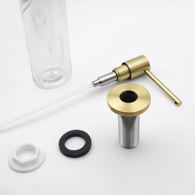 Brushed Gold All Brass Sink Soap Dispenser for Kitchen Sink Deck Mounted with 17 OZ Above The Sink Refillable PET Bottle Brass Pump Head in Counter Dish Soap Dispenser Brushed Gold Short Pump Head