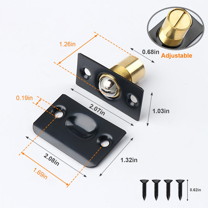 12Pack Door Ball Catch Replacement Bulk, Adjustable Closet Ball Bearing Door Latch, Strong Drive Closing Door Accessories for Interior Doors, Solid Brass Body & Stainless Steel Strike Plate Black 12 Pack