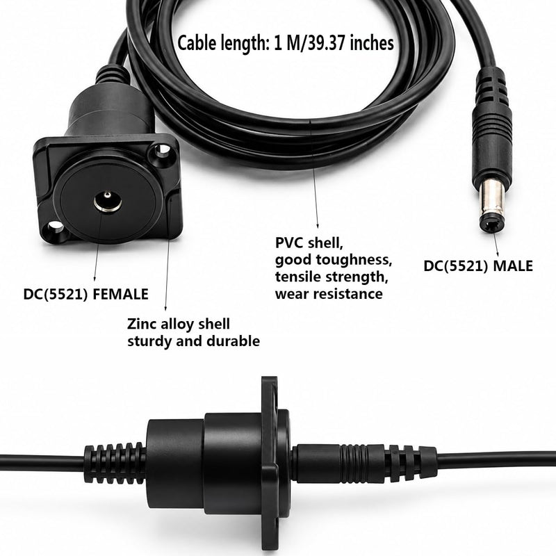 PENGLIN DC Power 5.5 * 2.1mm Extension Cable 1M/39.3 inch | DC Female to Male Panel Mount, For CCTV Surveillance Camera Router LED Light