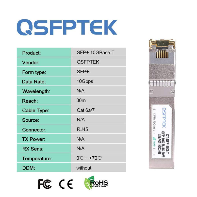 QSFPTEK 10GBase-T SFP+ to RJ45, 10G Copper Module, 10Gbe T Mini Gbic 10 Gigabit Ethernet Adapter SFP Transceiver for Arista SFP-10GE-T, Mikrotik, Ubiquiti & Open Switches & Routers, up to 100ft/30M 10GBase-T: 30m