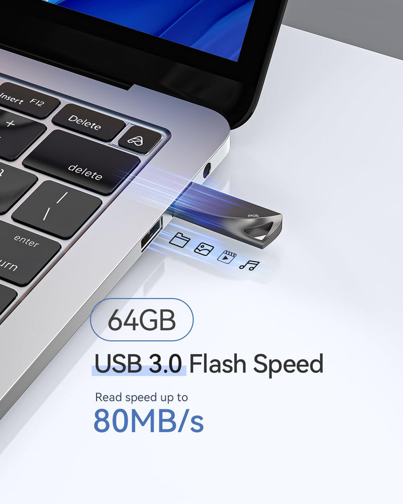 64GB USB 3.0 Flash Drive, Waterproof Metal USB Memory Stick, Slim Thumb Drive Portable Pen Drive with Keychain Hole Stylish Jump Drive for PC Computer Car - Gray 64GB