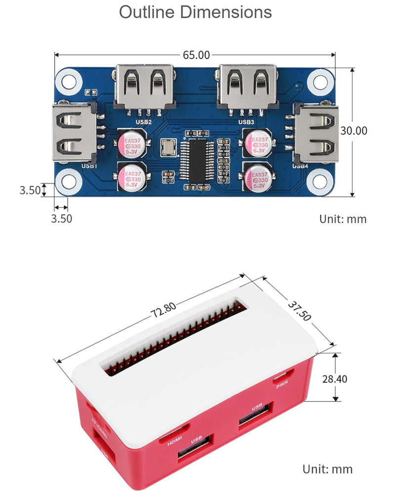 USB HUB Box Suitable for Raspberry Pi Zero Series, with USB HUB HAT (B) Inside, Includes 4X USB 2.0 Ports