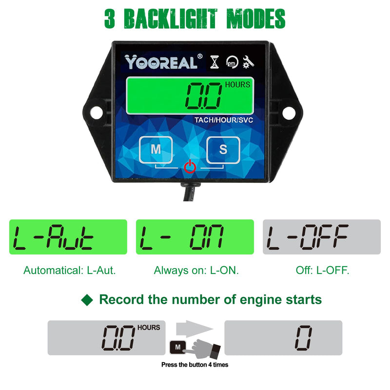 Yooreal Digital Backlight Tachometer Hour Meter,Resettable Hours,Replaceable Battery Engine for Lawn Mower Generator Chainsaw Outboard Motor Snowblower Gas Powered Equipment (YR-HM011G)