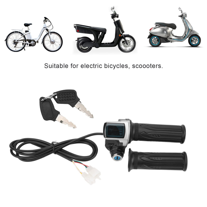 48V Half Twist Throttle, Electric Bike Throttle with LED Display Grip Lock Key Set for Ebike Motorcycle Scooter