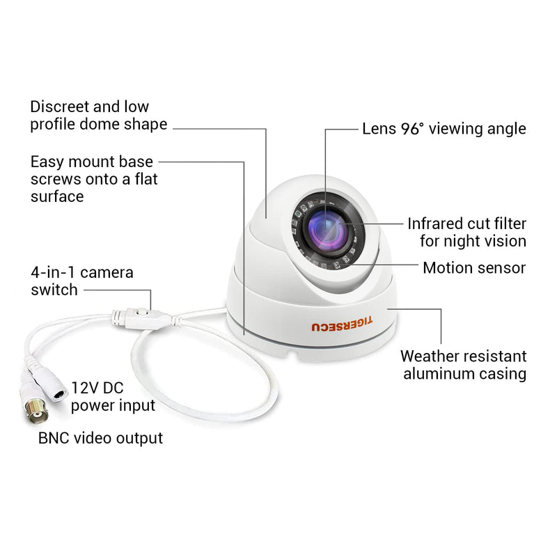 TIGERSECU 1080P Metal Wide Angle Dome Security Camera for DVR, Weatheproof for Indoor/Outdoor Use, Hybrid 4-in-1 OSD Switch for TVI/CVI/AHD/CVBS DVRs (Power Supply and Coaxial Cable Sold Separately) 1
