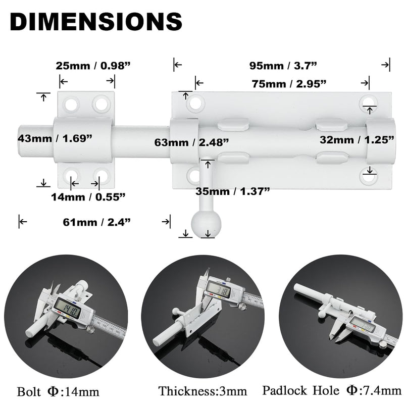 Barrel Bolt Door Latch With Padlock Hole, Thickened 304 Stainless Steel Slide Door Lock, 6 Inch Matte White, 2 Pack, 226BB-WH-2 White 6"