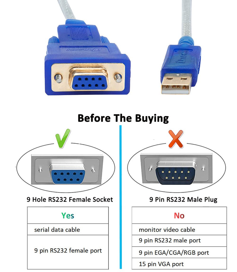 DTech 10 Feet USB to Serial RS232 Female Adapter Cable Prolific Chip DB9 RS-232 to USB 2.0 Cord Windows 11 10 8 7 Mac Linux 10ft RS233 cable