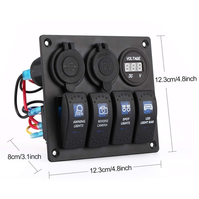 4 Gang Waterproof Marine Rocker Switch Panel, 12A 24V Boat Switch Panel with 2.1A USB Fast Charger, Digital Voltmeter, Cigarette Lighter Socket, Switch Panel for Pontoon Boat RV Truck ATV UTV 4 Gang Blue