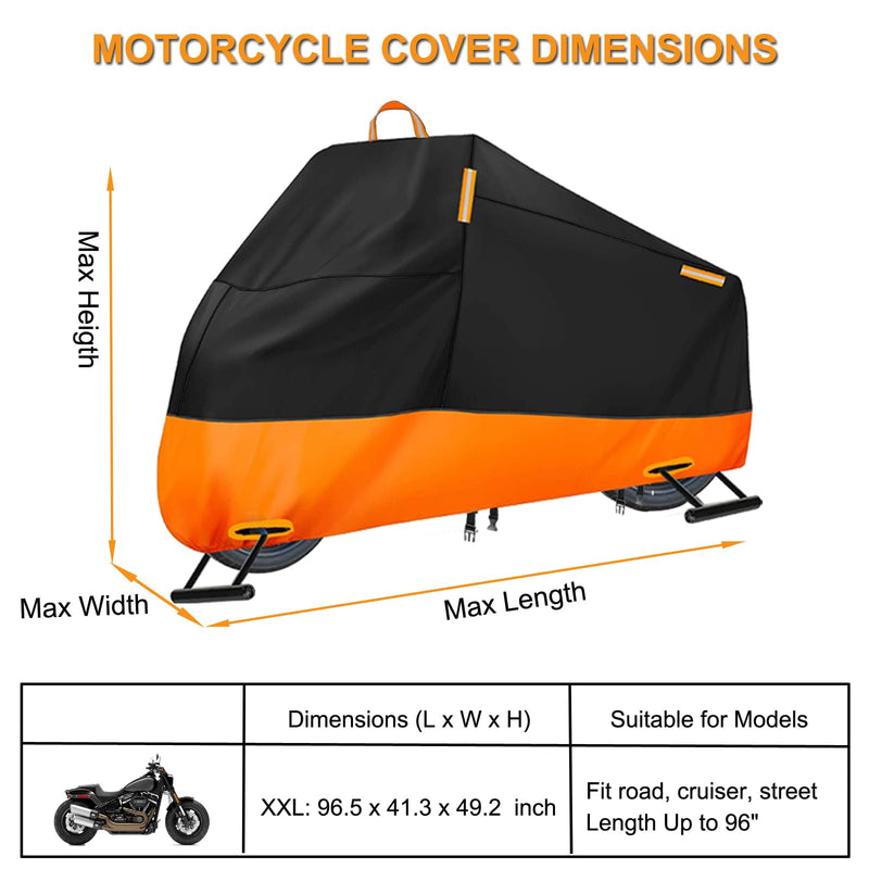 Motorcycle Cover Waterproof Outdoor, 300D Heavy Duty Motorcycle Cover for Harley Davidson Sportster 1200 883 Fat Boy 114 Street Bob, All Seasons Protection Scooter Cover Fits up to 96" XXL (Fits up to 96")