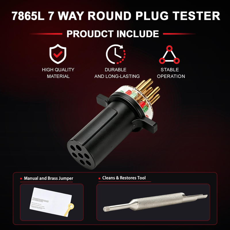 7-Way Round Pin Trailer Circuit Plug Tester Replace 7865L,with Cleans & Restores Tool | LED Indicators, Durable & Accurate Diagnostic Tool for Truck Drivers & Mechanics