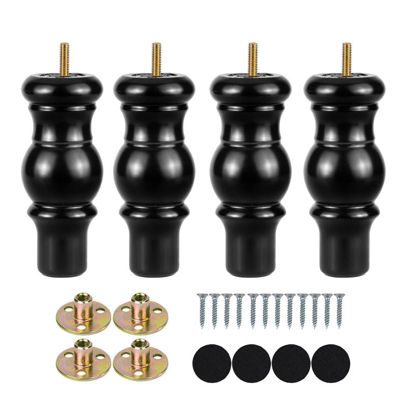 Maricome 6 Inch Wood Legs Set of 4 Furniture Legs Predrilled M8 Bolt Black Mid Century for Cabinet Dresser Ottoman Screw in 6 Inch Black Bun Style