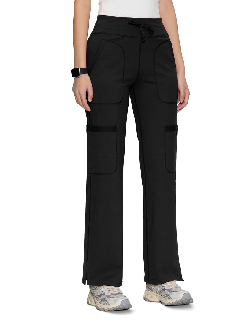 Yoga Scrub Pants for Women Soft Stretch Mid Rise Straight Leg Cargo Bottom with Drawstring,5 Pockets Medium Black
