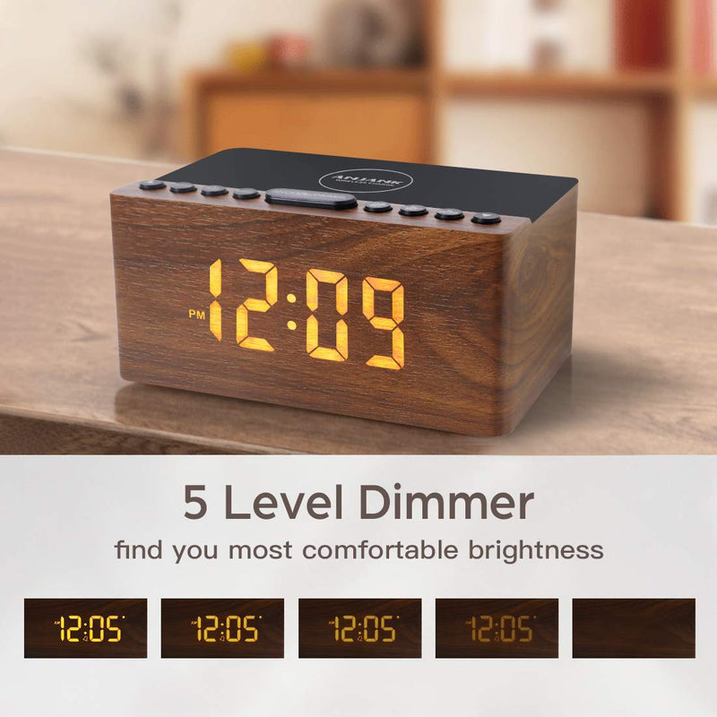ANJANK Wooden Digital LED Alarm Clock FM Radio, Fast Wireless Charger Station for iPhone/Samsung Galaxy, 5 Level Dimmer, USB Charging Port, 9 Sounds, Sleep Timer for Bedroom, Bedside, Desk Brown