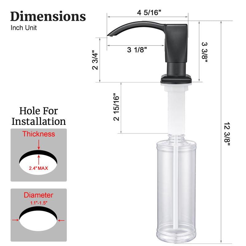 Ultimate Unicorn Kitchen Sink Soap Dispenser, Built in Soap Dispenser for Kitchen Sink, Under Sink Soap Dispenser Matte Black, ABS Plastic, with 13 Ounce Soap Bottle, U-SD001B U001
