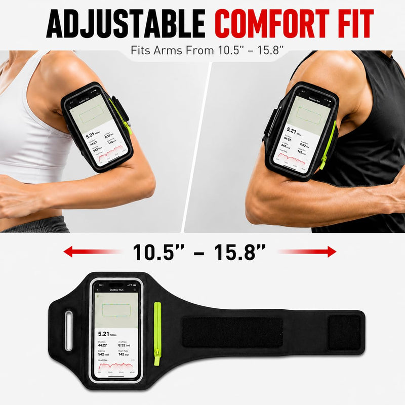 Running Armband Phone Holder with Earphone Bag, Sweatproof Sports Arm Band | for iPhone 17 16 15 14 13 Pro Max, Galaxy S25/S10, Cell Phone Holder with Key Pocket for Running Gym Workout, Fit Up to 6.8"