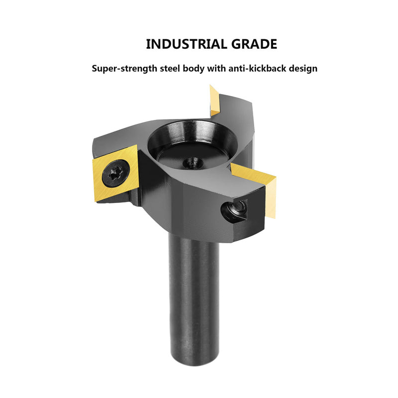 SpeTool CNC Spoilboard Surfacing Router Bit 1/2 Shank 2 Inch Cutting Diameter, Slab Flatting Router Bit Carbide Insert Planing Bit Wood Bottom Cleaning 3 wing carbide insert bit ATS coated