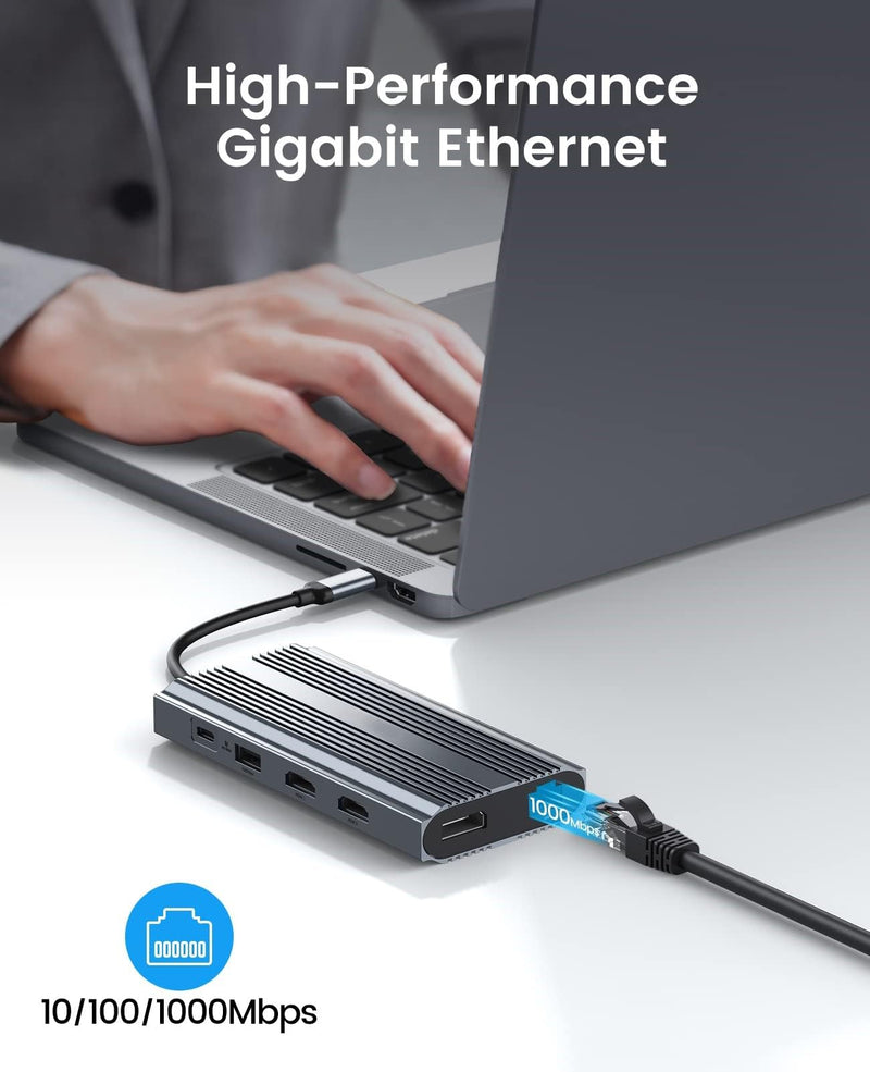 Docking Station USB C to Dual HDMI Adapter, 12 in 1 USB C Hub with Dual HDMI, DP 1.4, 100W PD, Ethernet, 2 USB-A 3.1, 1 USB 2.0, 1 Type-C 3.1, SD/TF, Audio, Compatible for Windows/Mac OS