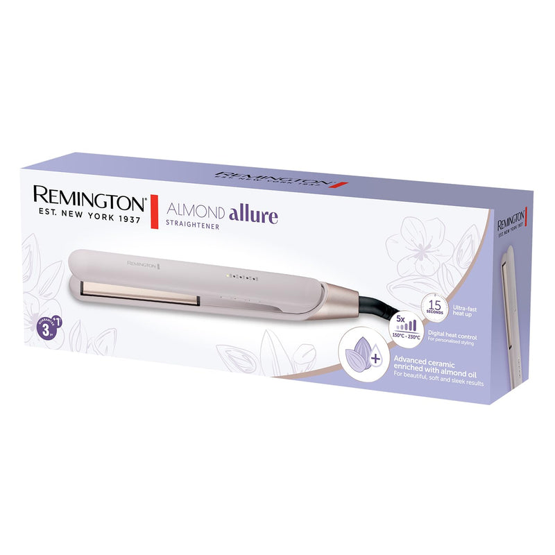 Remington Almond Allure Hair Straightener, 31 cm, Extra-Long Plates, S4807 | Advanced Ceramic Plates Infused with Almond Oil, curved design for curls & waves, worldwide voltage