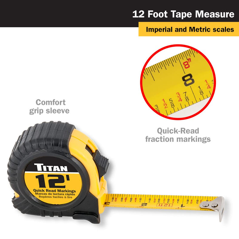 Titan 10912 Tape Measure with Easy-Read Standard Markings and Durable Case, 6-Piece Set, 12-Foot