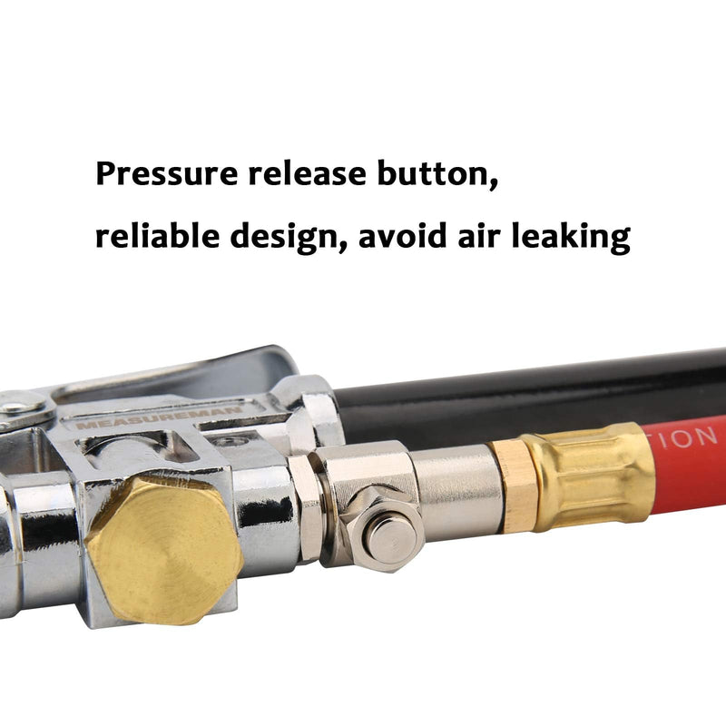 MEASUREMAN Heavy Duty Bayonet Style Tire Inflator, Aluminum Body, 20" Red Hose, Clip On Air Chuck, Aluminum Slide, Range 10-130psi/kpa Heavy Duty Tire Inflator