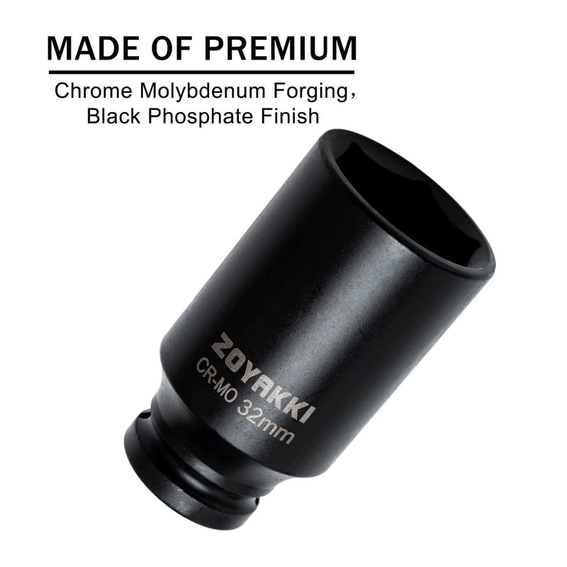 1/2" Drive x 32 mm Deep 6 PT Impact Socket, CR-MO,1/2-inch Drive 6 Point Axle Nut Socket for Easy Removal of Axle Shaft Nuts (Metric 32MM) 1/2" Drive Deep