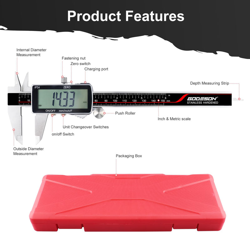 GODESON Digital Caliper, Rechargeable Digital Micrometer-IP54 Waterproof, Stainless Steel & Large LCD Screen Caliper Measuring Tool-Inch/Metric/Fraction,6" Calipers-Auto Off for Pros & DIYers 6-INCH Micro-B