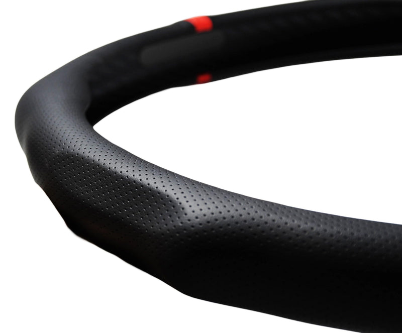 Quick Install Sporty Perforated Nappa Leather Steering Wheel Cover with Red Circular Stripe Trim Universal fit Any 14½ to 15 inches Car Pickup SUV 14.5 to 15 inches SW Black+Top Red Circle