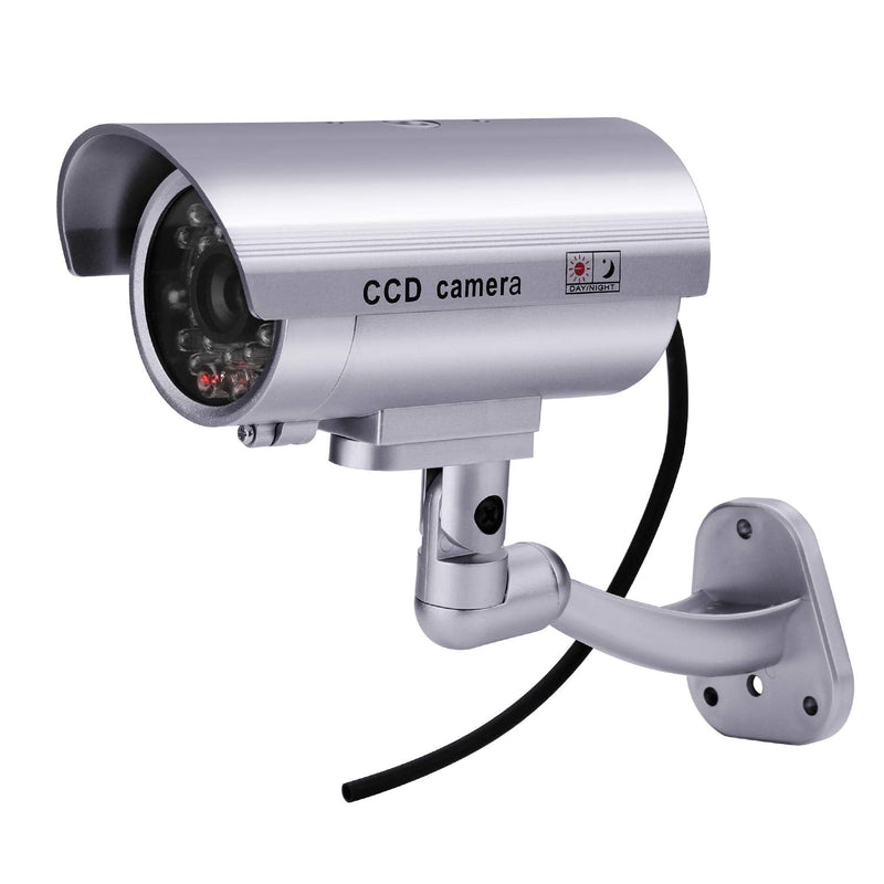 FITNATE Dummy Security Camera, 4 Packs Fake Surveillance Security CCTV Camera System with LED Red Flashing Light for Both Indoor & Outdoor Use + Security Camera Warning Stickers × 4 (Silver)