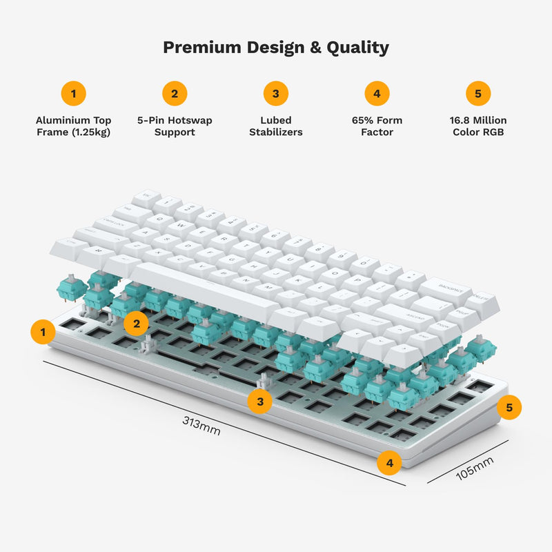Glorious Gaming GMMK 2 Compact 65% Barebones (Frame Only) - Mechanical Gaming Keyboard Frame, Compact TKL Size (65%), Aluminium, Customisable, Per Key RGB, American QWERTY Layout - White Prebuilt Compact (65%)