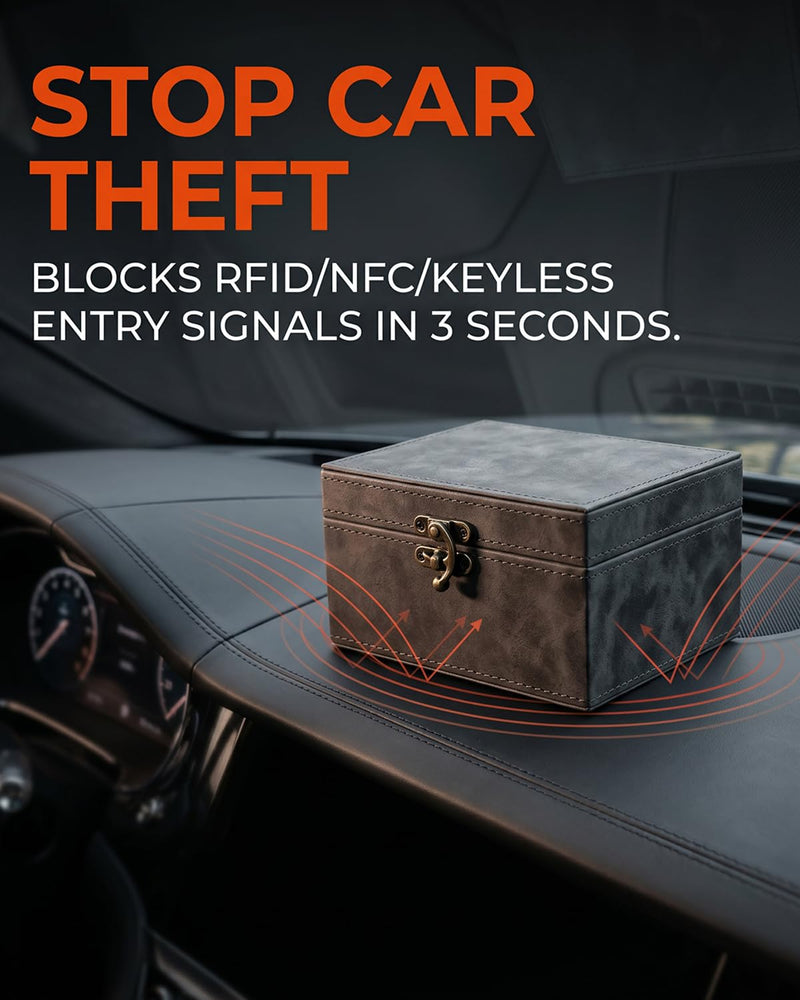 NEVERLAND Faraday Box for Car Keys, Key Fob Protector, RFID Key Box, Small | Fits 3-5 Keys, Car key signal blocker box, dual-layer shielding, sturdy wood frame, Crazy Horse PU leather