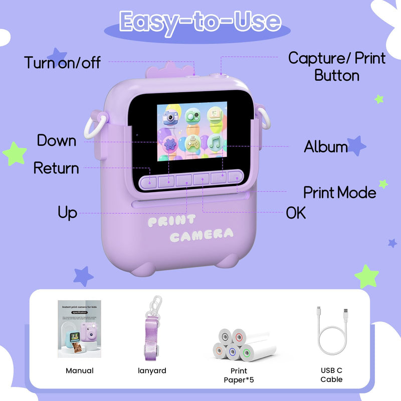 Kids Camera Instant Print, 3 4 5 6 7 8 9 10 11 Year Old Girl Birthday Gift | 1080P HD Video Digital Instant Camera for Kids with Silicone Cover & 5 Rolls of Printer Paper (Purple) Purple
