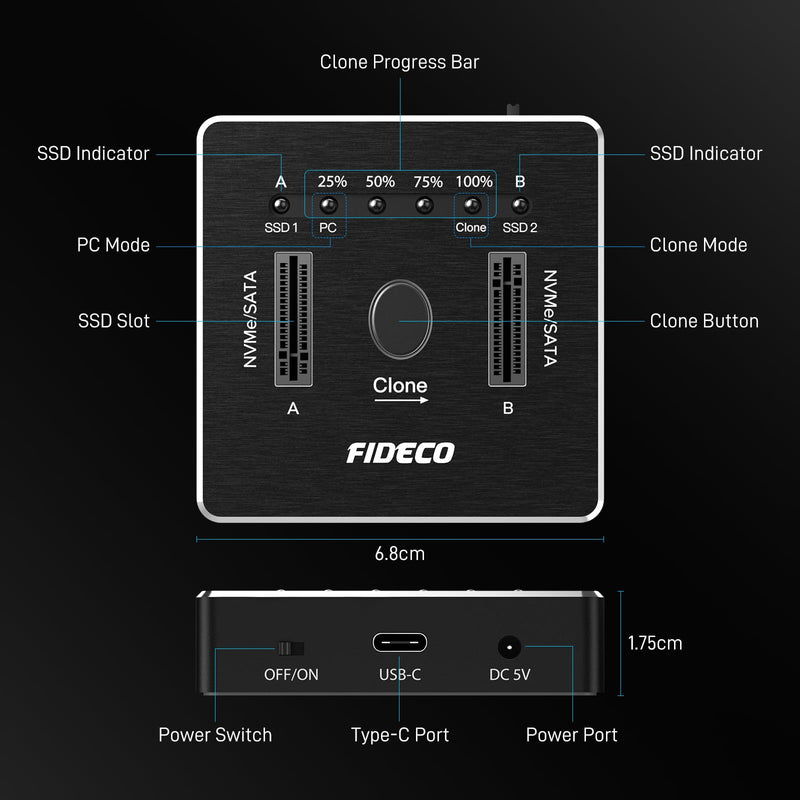 FIDECO M.2 NVMe SATA SSD Cloner Dock, USB 3.2 Gen 2 X 2, 20Gbps Dual NVMe SATA SSD Enclosure, M.2 Duplicator Cloner, Support Offline Clone, UASP and Trim, Aluminum Design
