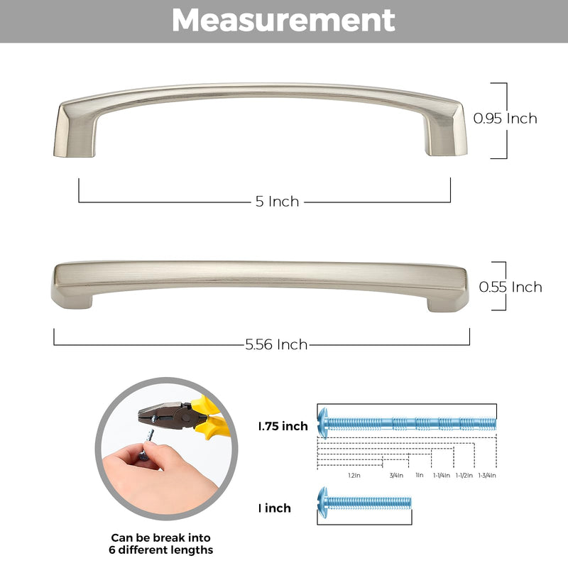 5 Pack Kitchen Cabinet Handles 5 Inch Hole Center Drawer Pulls Curved, Brushed Nickel Cabinet Pulls for Dresser and Drawers Solid
