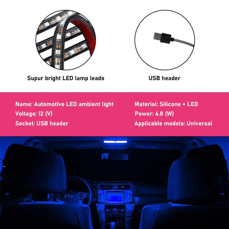 Car LED Strip Light, 24 LEDs RGB Neon Interior Atmosphere Lights, 12V Under Dash Ambient Night Light, USB Port Auto Interior Decorative Lamp, Universal Car Accessories (Blue) Blue 24 LED, USB Port