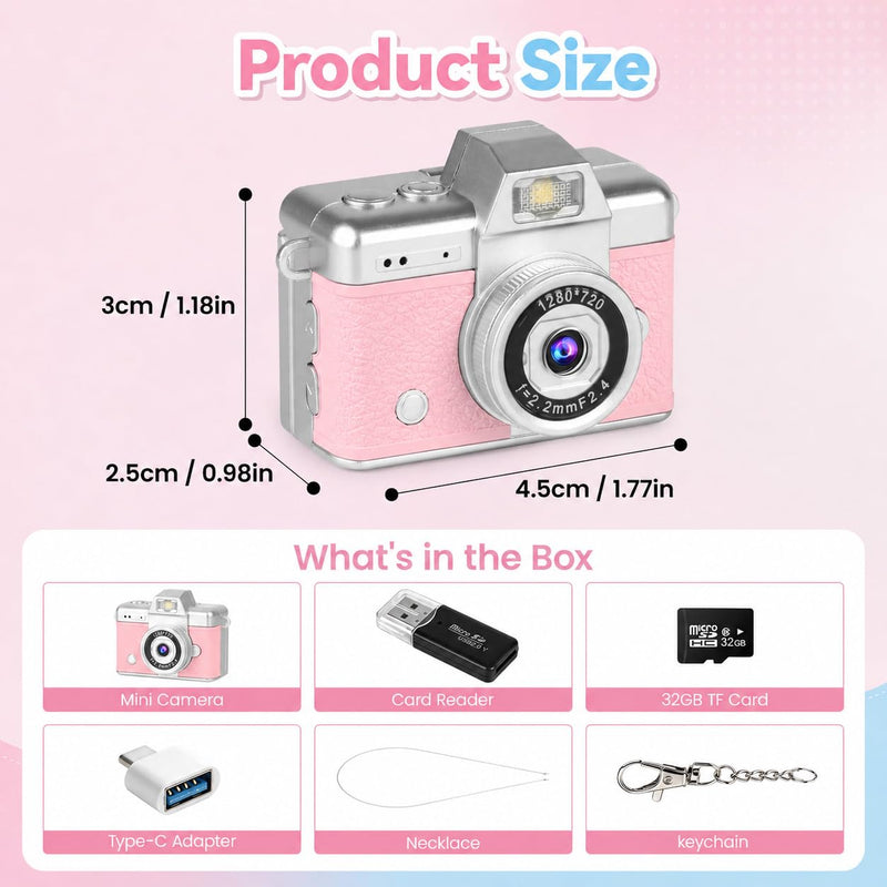 Mini Flip Screen Digital Camera, 1.47 Inch Pocket Retro Camera with USB-C Charging, 1080P/720P Video, MicroSD Support Up to 128GB, Portable Keychain Camera (Pink) Pink