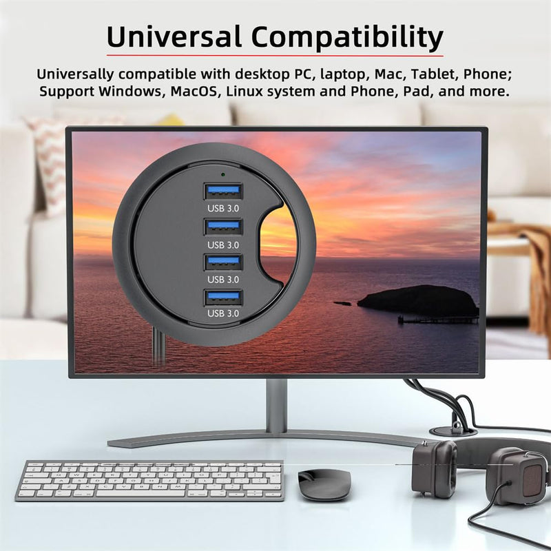NFHK USB 3.0 Hub 4 Port USB 60mm Desk Grommet Splitter Dock Station Interface for Desktop PC Desk 4-USB3.0