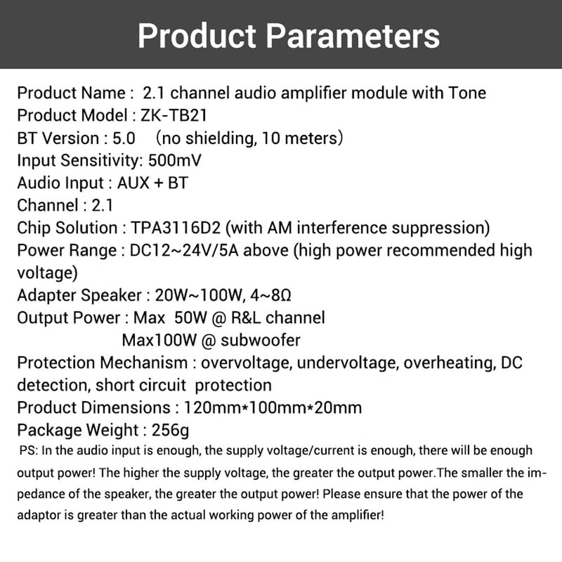 ZK-TB21 2.1 Channel Bluetooth Amplifier Board, 50W*2+100W Subwoofer Power Amp Module, Bluetooth 5.0 AUX Input Treble Bass Control for DIY Speaker Home Theater Audio