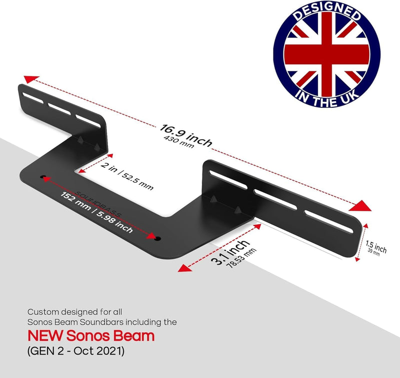 Sound Bass Soundbar Mount for Sonos Beam Compatible with Generation 1 & 2 Sonos Beam Sound Bar Includes All Necessary Mounting Hardware, Mounts Bracket, Black