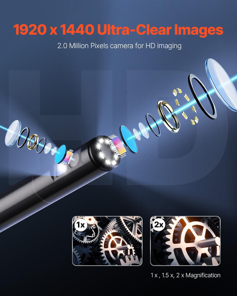 VEVOR Endoscope Camera with Light, Dual Lens Borescope for Android & iOS, 1920P HD Inspection Camera with 8 + 1 LED Light, 2X Zoom, 16.4FT Snake Cable, IP67 Waterproof Snake Camera for Auto, Plumbing