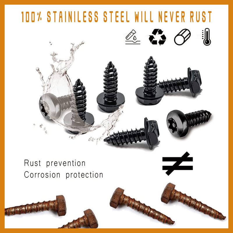 4 Set Black Anti Theft License Plate Screws Kits, Rustproof Stainless Steel Car Tag Plate Mounting Hardware, M6 (1/4") Tamper Proof Screws for Front Rear Frame Holder Mounting Black-K2