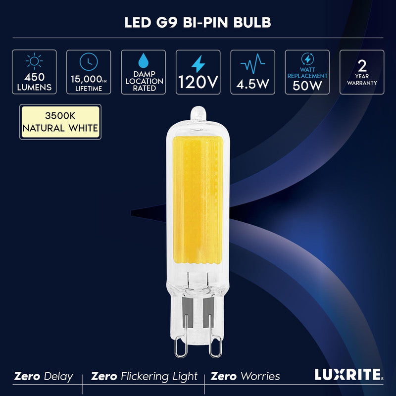 LUXRITE G9 LED Bulb Dimmable 4.5W, 50 Watt T4 G9 Halogen Equivalent, 3500K Natural White, 450 Lumens, Glass G9 Bi Pin Base, 320° Beam Angle, ETL Listed (5 Pack) 3500k (Natural White) 5 Count (Pack of 1)